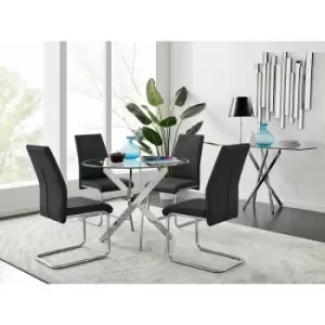 Image of Novara Chrome Metal Round Glass Dining Table And 4 Black Lorenzo Dining Chairs - Black