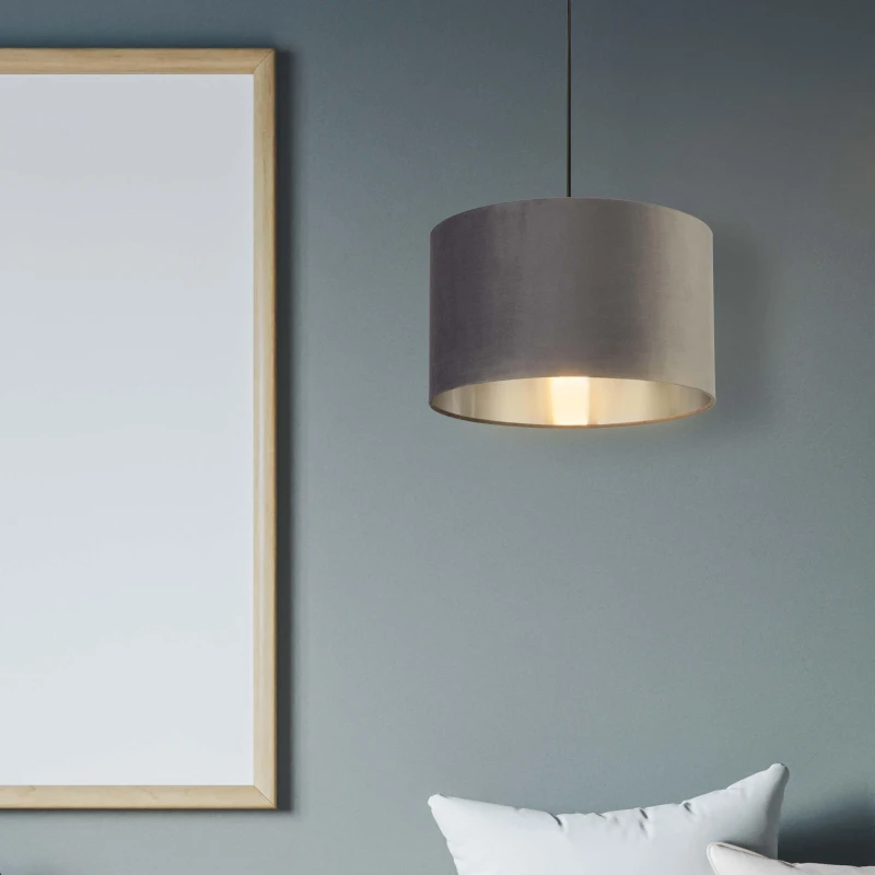 Image of Lighting Collection DARK GREY VELVET DRUM SHADE & SILVER INNER (D40cm) Grey unisex One Size