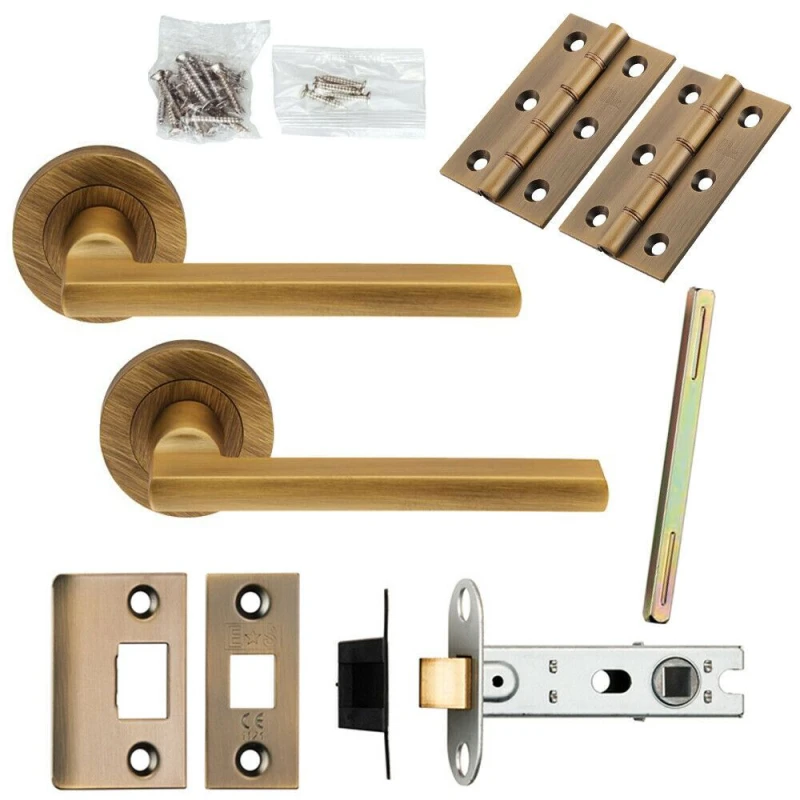 Image of Loops Door Handle & Latch Pack Antique Brass Plinth Mounted Bar Screwless Round Rose Metallics