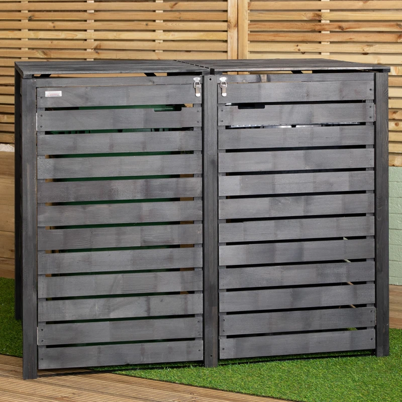 Image of 1.43m x 1.16m Outdoor Wooden Garden Double Wheelie Bin Store Storage for 2 Bins in Dark Grey