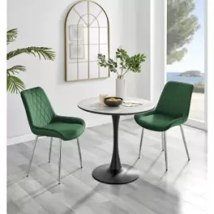 Image of Furniturebox UK - Furniturebox Elina White Marble Effect Modern 80cm Round Dining Table & 2 Green Pesaro Silver Leg Velvet Chairs