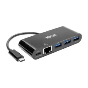 Image of Tripp Lite U460-003-3AGB-C 3-Port USB-C Hub with LAN Port and Power Delivery USB-C to 3x USB-A Gbe 60W PD Charging USB 3.0 Black