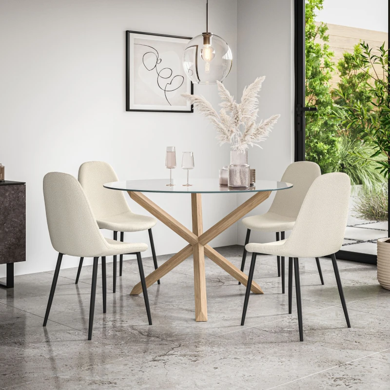 Image of More4Homes Malvern Round Dining Table And Chairs - Clear Glass Table Top W Solid Oak Legs + Maya Boucle Dining Chair Set Of 4 (Ivory White)