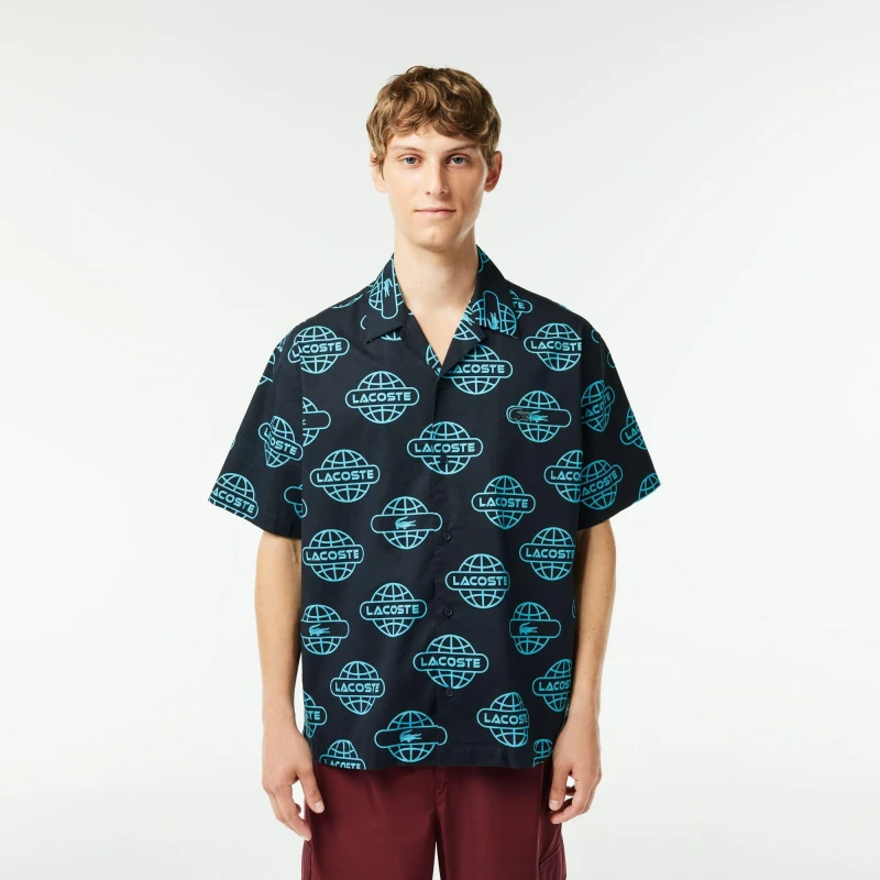 Image of Lacoste Mens Globe Print Cotton Short Sleeve Relaxed Fit Shirt Black/Cove male XS