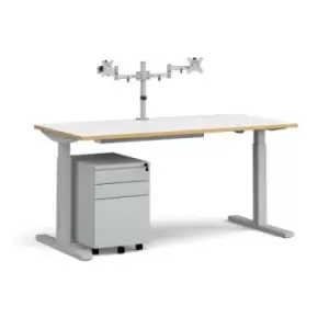 Image of Height Adjustable Desk Rectangular Desk Bundle 1600mm White/Oak Tops With Silver Frames Elev8 Mono