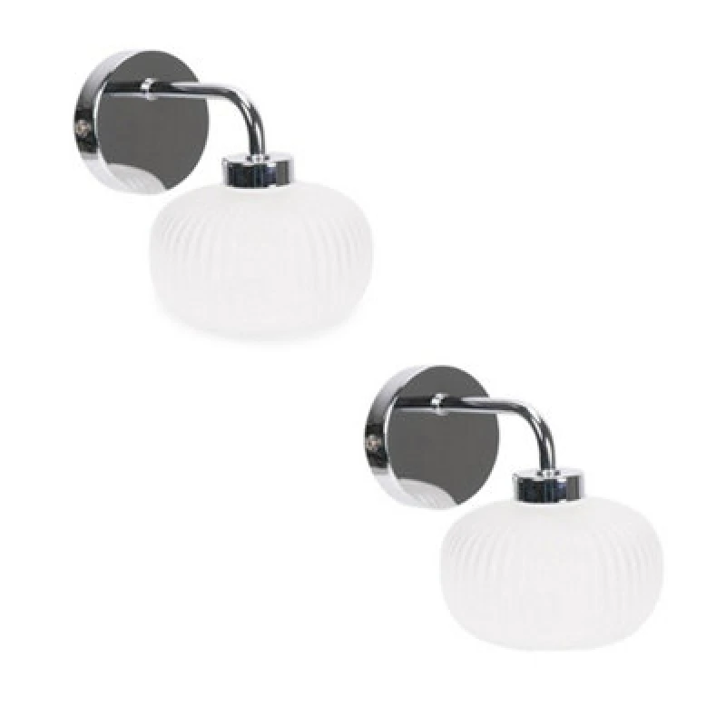 Image of ValueLights Amaia Pair of Polished Chrome IP44 Single Frosted Ribbed Glass Wall Lights Silver