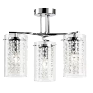 Image of 3 Light Semi Flush Multi Arm Ceiling Light Chrome, Clear Glass Drops, E14
