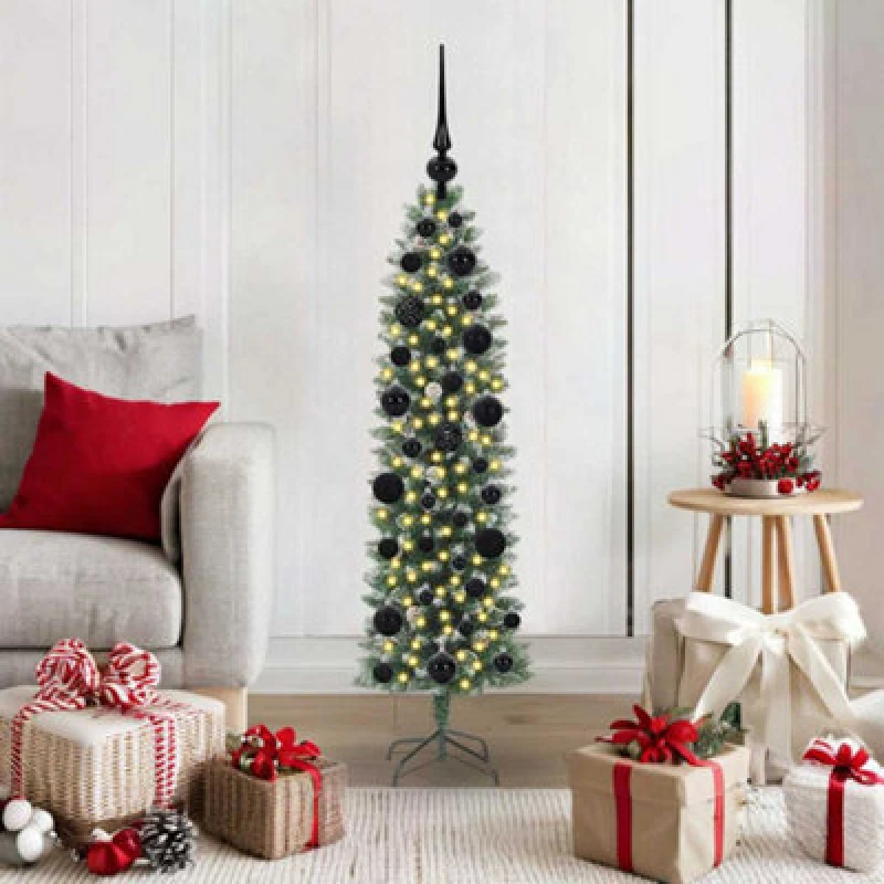 Image of vidaXL Artificial Slim Christmas Tree, Black Balls Green and white 120 cm, Green 3395270