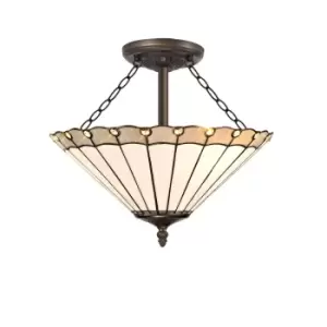 Image of 3 Light Semi Flush Ceiling E27 With 40cm Tiffany Shade, Grey, Crystal, Aged Antique Brass