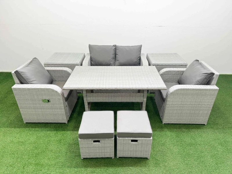 Image of Fimous Light Grey PE Wicker Rattan Garden Furniture Set Sofa Set Reclining Chair Rectangular Dining Table 6 Seater 2 Small Stools 2 Side Table Light G