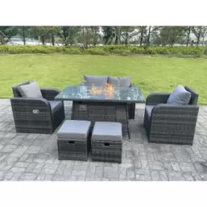 Image of Fimous 4 Seater Outdoor Dark Grey Rattan Lounge Complete Sofa Set with Gas Fire Pit, Reclining Chairs and 2 Stools