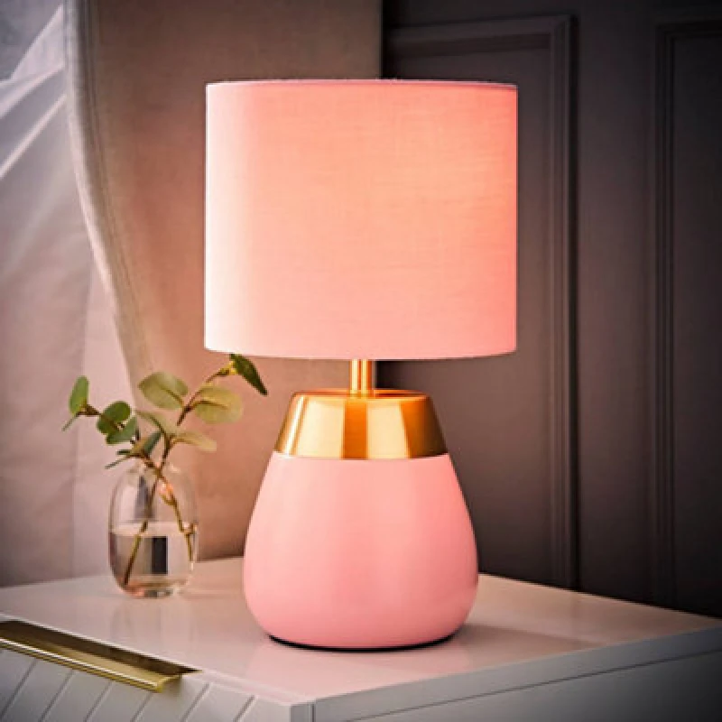 Image of ValueLights ValueLights Hurst Bulbous Touch Table Lamp with Drum Lamp Shade and Bulb in Pale Pink Pale Pink One Size Unisex 5059406070839