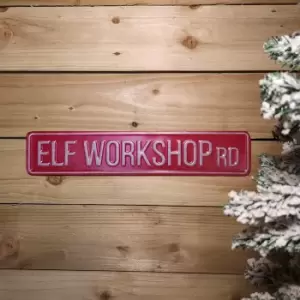 Image of 50cm Indoor Outdoor Red Metal Elf Workshop Rd Sign Hanging Christmas Decoration