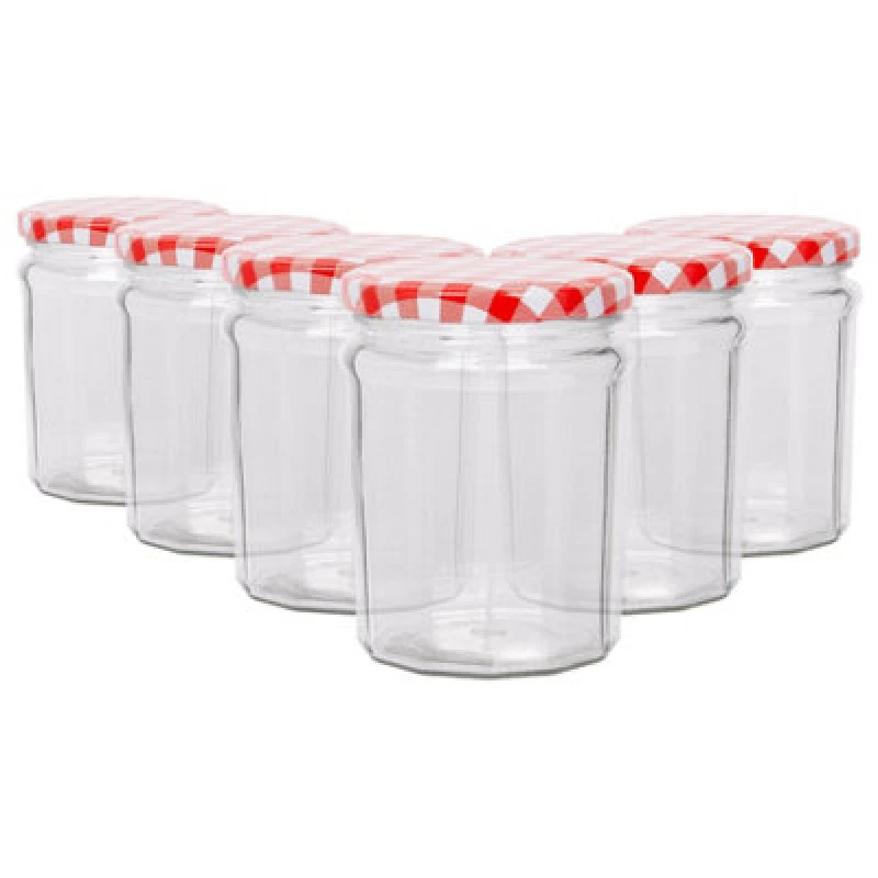 Image of Argon Tableware Glass Jam Jars With Red Gingham Lids - 380Ml - Pack Of 6