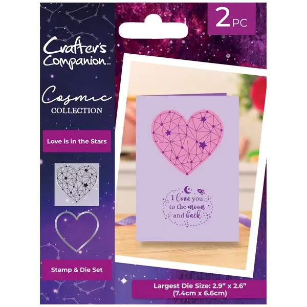 Image of Crafter's Companion Clear Stamp & Outline Die Set Cosmic Love Is In The Stars Heart Set of 2