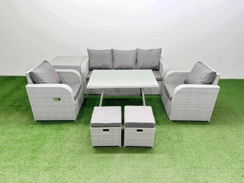 Image of Fimous Reclining Chair 3 Seat Sofa Set Garden Furniture Set with Dining Table in Light Grey Light Grey Unisex