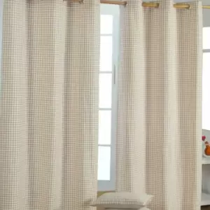 Image of Homecapes Beige Cotton Gingham Eyelet Curtains 117 x 137cm - Natural