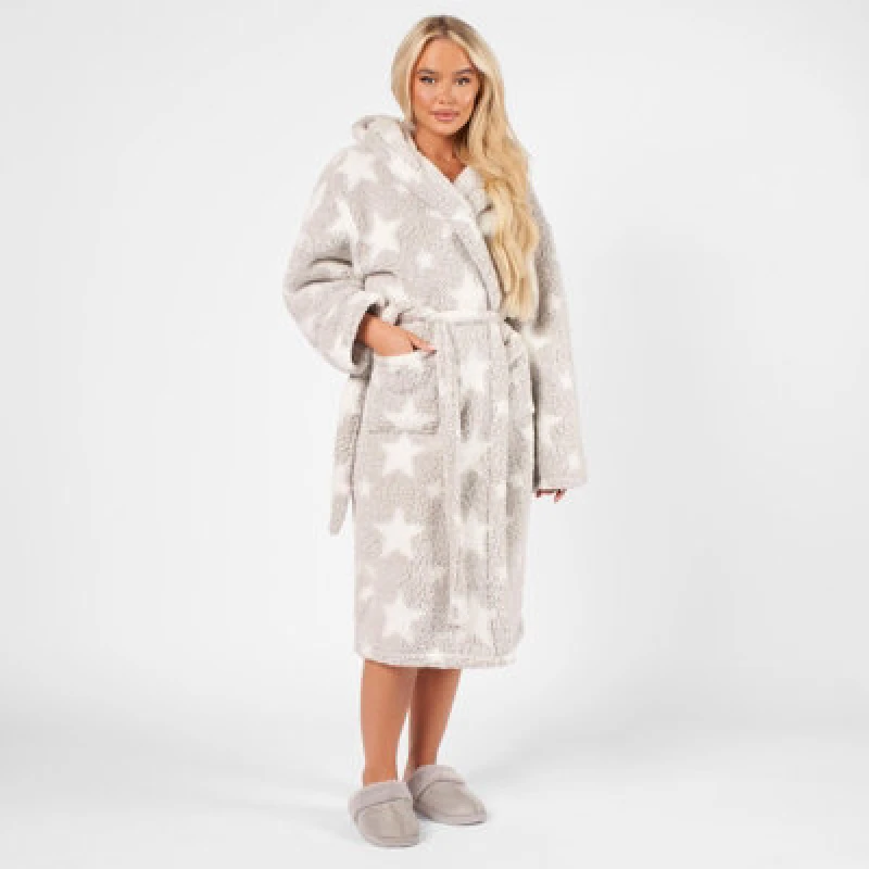 Image of OHS OHS Dressing Gown Hooded Teddy Marl Star Fleece Soft Robe in Grey Grey One Size Unisex 5027434165186