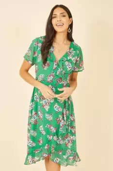 Image of Green Floral Frill Wrap Midi Dress