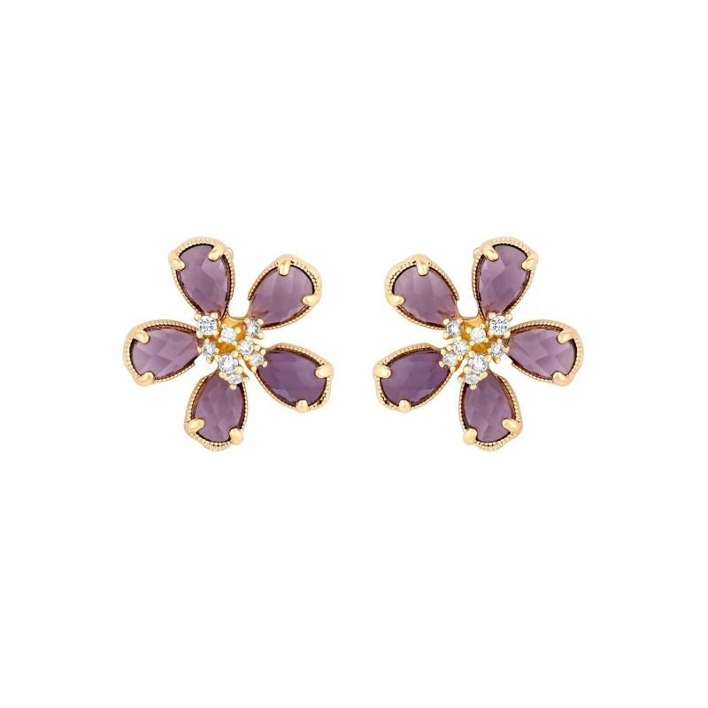 Image of Jon Richard Gold Plated Amethyst Floral Stud Earrings Jewellery Sets One Size Gold 70982710000