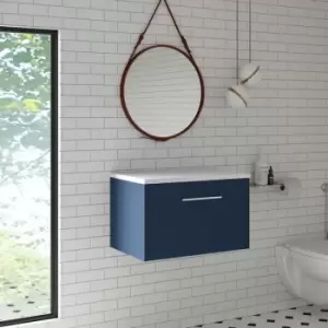 Image of Hudson Reed Juno Wall Hung 1-Drawer Vanity Unit with Sparkling White Worktop 600mm Wide - Electric Blue
