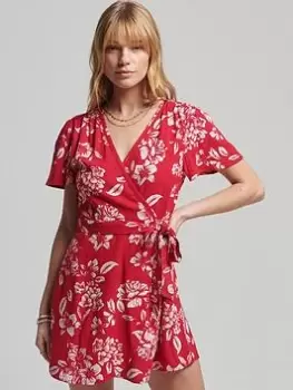 Image of Superdry Vintage Mini Wrap Dress - Red, Size 8, Women