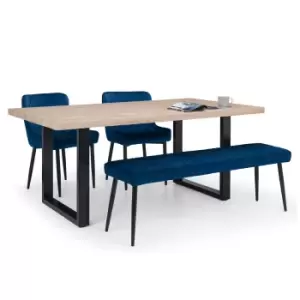 Image of Julian Bowen Set Of Berwick Dining Table Luxe Low Bench Blue & 2 Luxe Chairs Blue