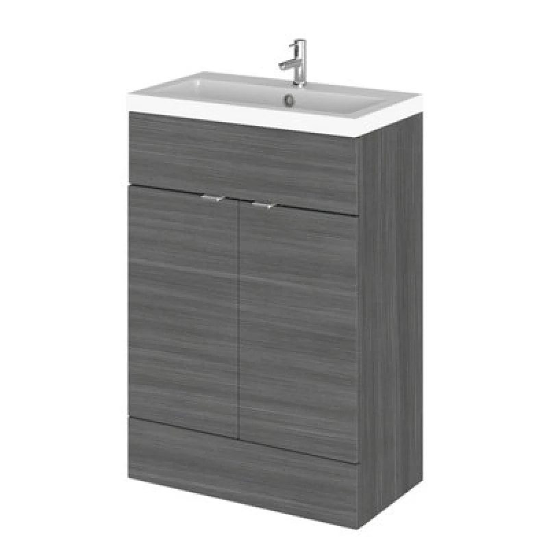 Image of Hudson Reed Fusion Floor Standing 2 Door Vanity Unit & Polymarble Basin, Vanity Unit With Basin, Anthracite Woodgrain, 600mm