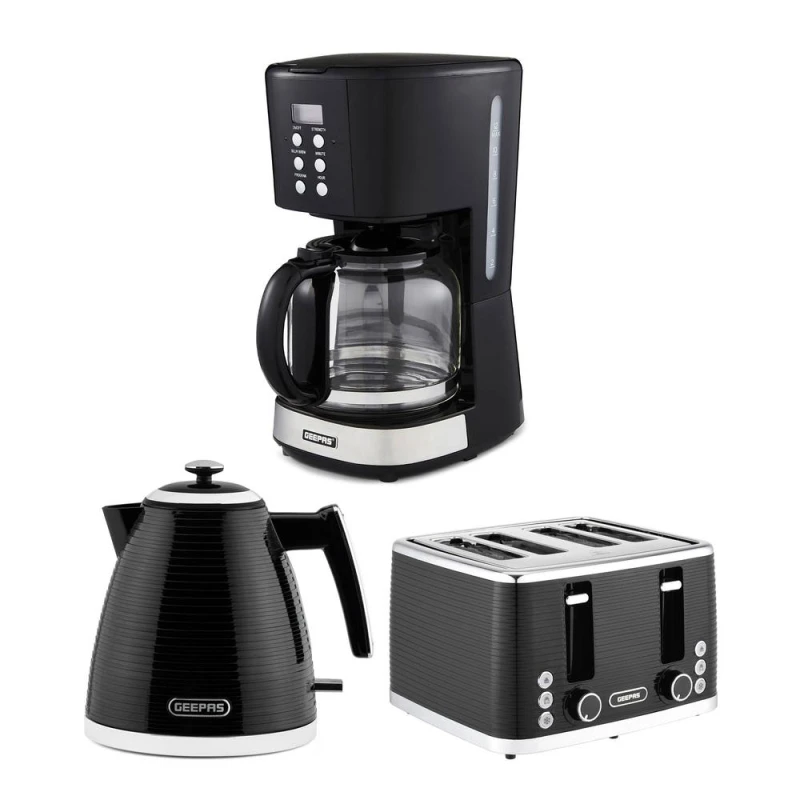 Image of Geepas 1.7L Electric Kettle & Toaster Set with 1.5L Filter Coffee Machine in Black Unisex