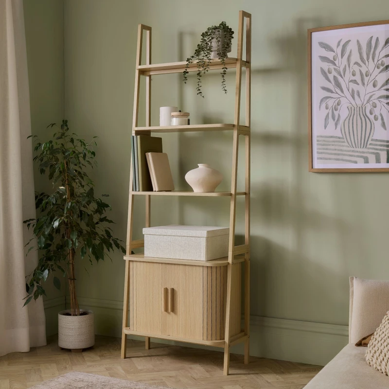 Image of Vonhaus Bookcase For Living Room, Tambour Bookshelf With Sliding Doors & Storage, Scandi Look Home Office Shelving Unit, Landos