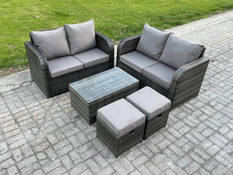 Image of Fimous Rattan Garden Furniture Set 6 Seater Patio Outdoor Lounge Sofa Set with Rectangular Coffee Table 2 Small Footstools Dark Grey
