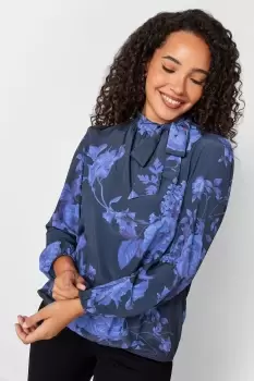 Image of Floral Print Tie Neck Bubble Hem Blouse