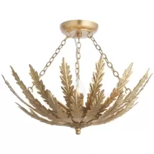 Image of Ornate Gold Flush Ceiling Light - Decorative Leaf Design Dimmable 3 Bulb Pendant