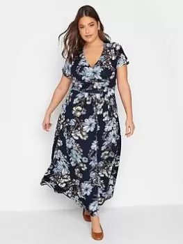Image of Yours Wrapped Front Floral Tie Dress - Blue Size 18, Women