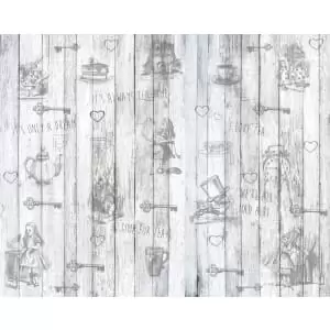 Image of Origin Murals Alice In Wonderland Vintage Wood White Wall Mural - 3.5 x 2.8m