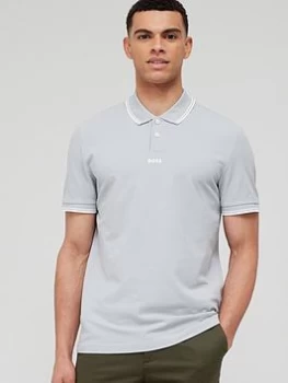 Image of BOSS Pchup Centre Logo Polo Shirt - Light Grey, Light Grey, Size S, Men