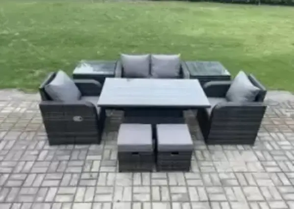 Image of Fimous 4 Seater Outdoor Dark Grey Rattan Lounge Complete Sofa Set with Adjustable Table and 2 Stools