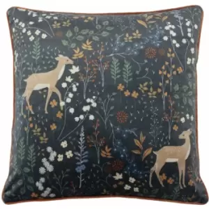 Image of Furn Richmond Woodland Print Piped Cushion Cover, Midnight Blue, 50 x 50 Cm