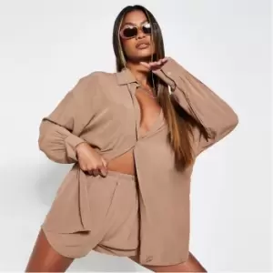 Image of I Saw It First Long Sleeve Button Front Oversized Shirt - Brown