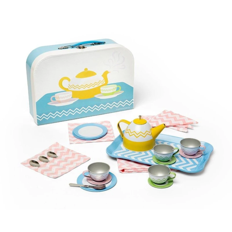 Image of Bigjigs Toys Tin Tea Set With Carry Case Baby Blue