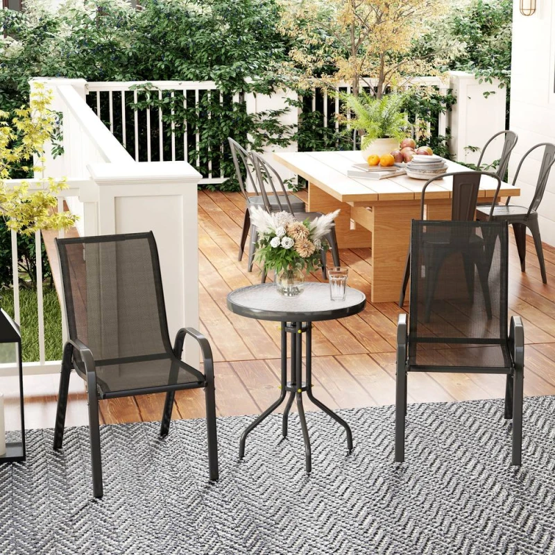 Image of Outsunny Garden Bistro Set, Small Garden Set w/ Stackable Chairs, Black Jet Black