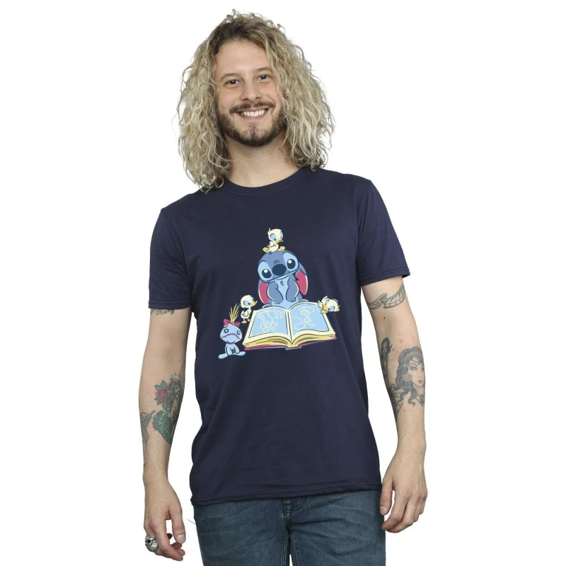 Image of Disney Men Lilo & Stitch Reading A Book T-Shirt in Navy Size: Small Navy S Male 5063153495449