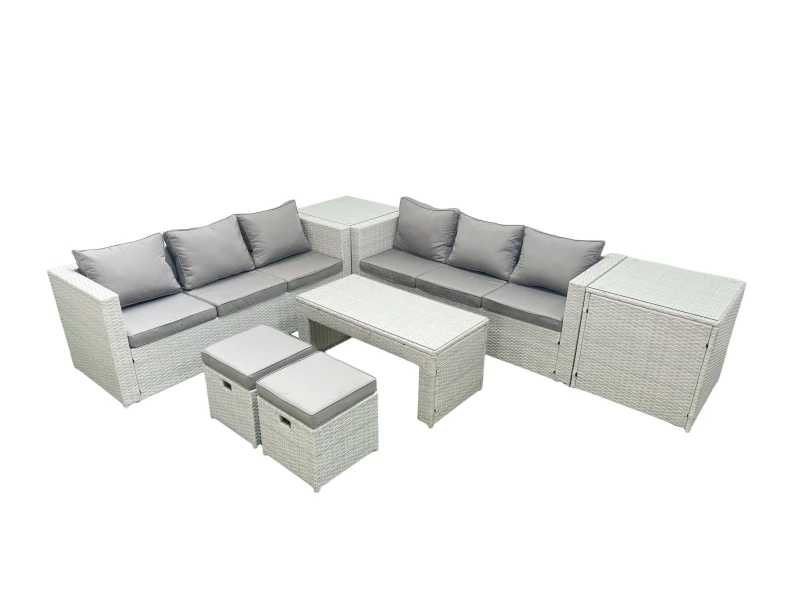 Image of Fimous 8 Seater Garden Outdoor Rattan Furniture Set Rattan Garden Sofa Oblong Coffee Table with 2 Small Footstool 2 Side Tables Light Grey Mixed Light