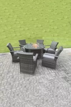 Image of Fimous 6 Seater Outdoor Dark Grey Rattan Lounge Complete Dining Table Set with Gas Fire Pit Round Dining Table