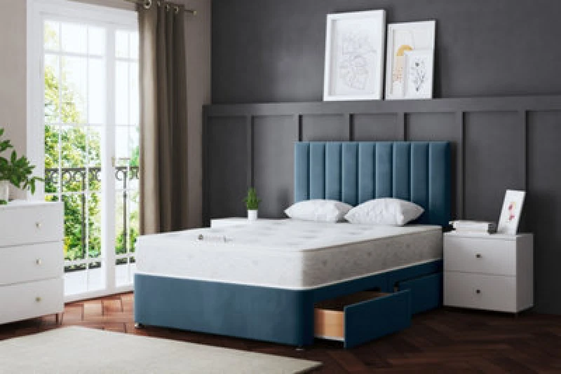 Image of DS Living Amelia Blue Upholstered Panel Divan Bed With Headboard And Two Drawers Small Double