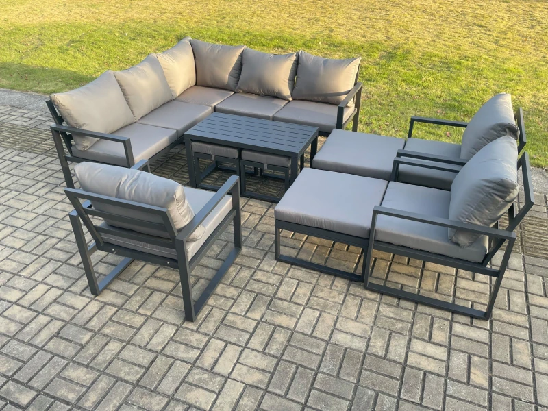 Image of Fimous 12 Seater Aluminium Outdoor Garden Furniture Set Patio Lounge Sofa with Oblong Coffee Table Chair 2 Small Footstools Big Footstool in Dark Grey