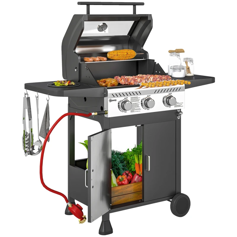 Image of Outsunny 3 Burner Propane Gas BBQ Grill with See-through Lid and Thermometer TJ Hughes 5063603027190