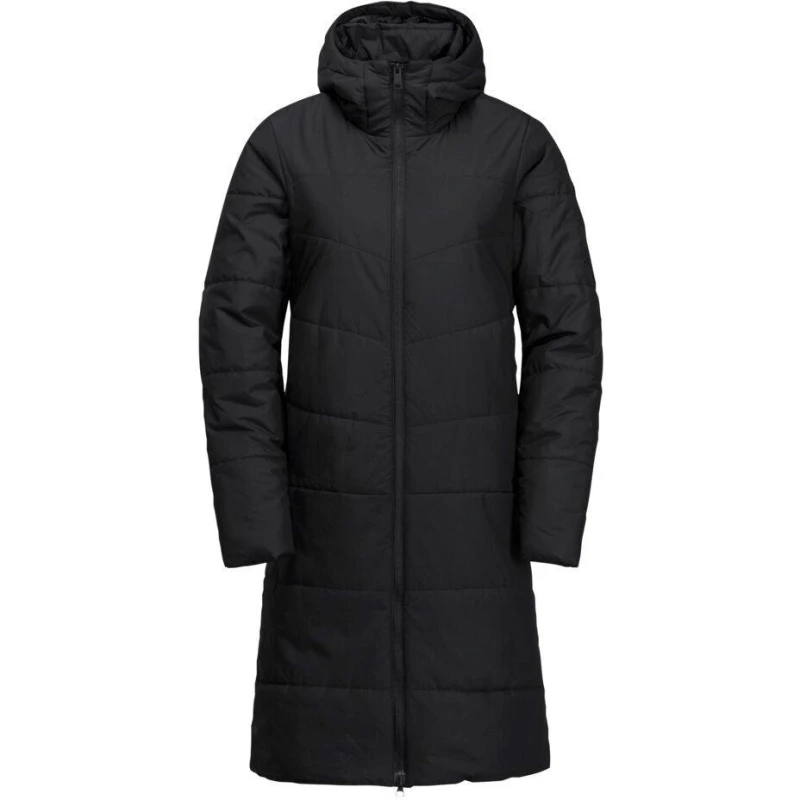 Image of Jack Wolfskin Womens Deutzer Water and Wind Resistant Knee Length Hooded Insulated Puffer Jacket Black female 8 (XS)