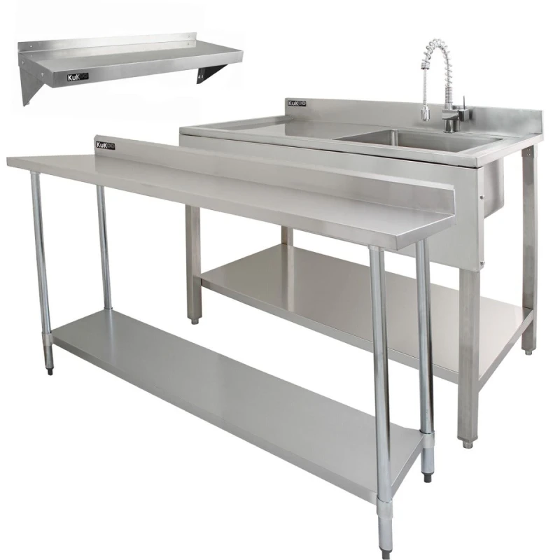 Image of MonsterShop 6ft Stainless Steel Catering Bench, Stainless Steel Sink - Left Hand Drainer & 2 X Wall Mounted Shelves