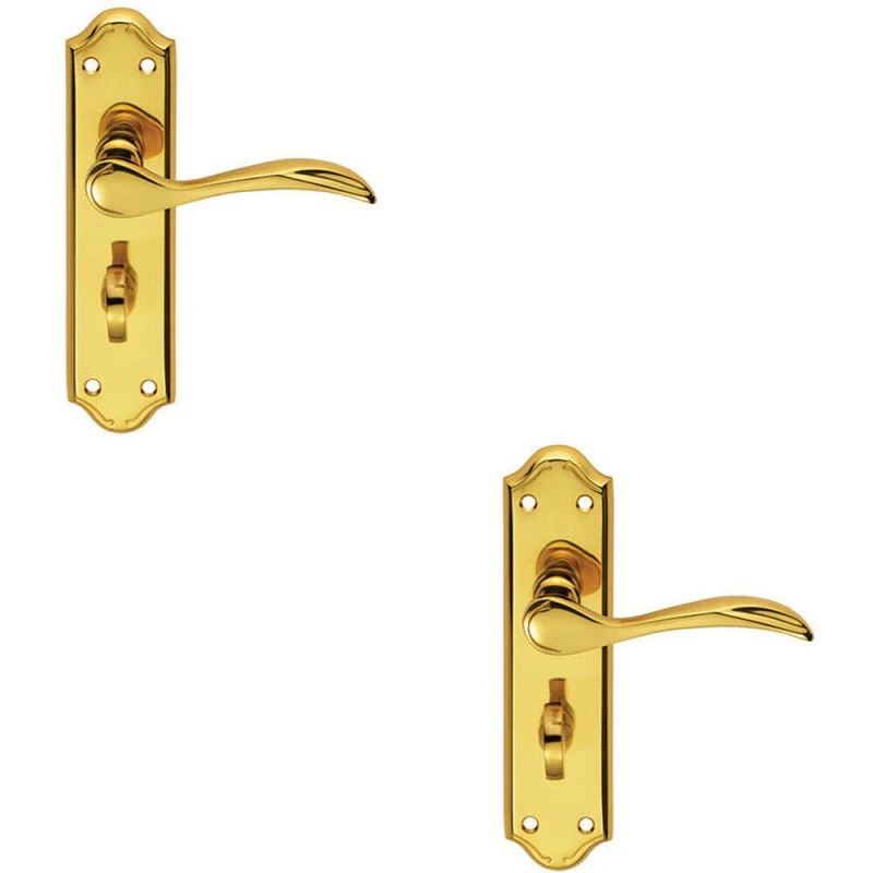 Image of Loops 2x PAIR Curved Door Handle Lever on Bathroom Backplate 180 x 45mm Polished Brass Metallics